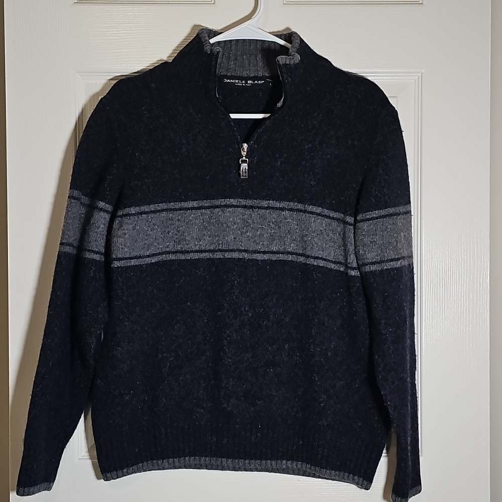 Daniele Blasi Italy Thick Wool Blend Sweater1/4 Zip Neck Gray Striped Fits S